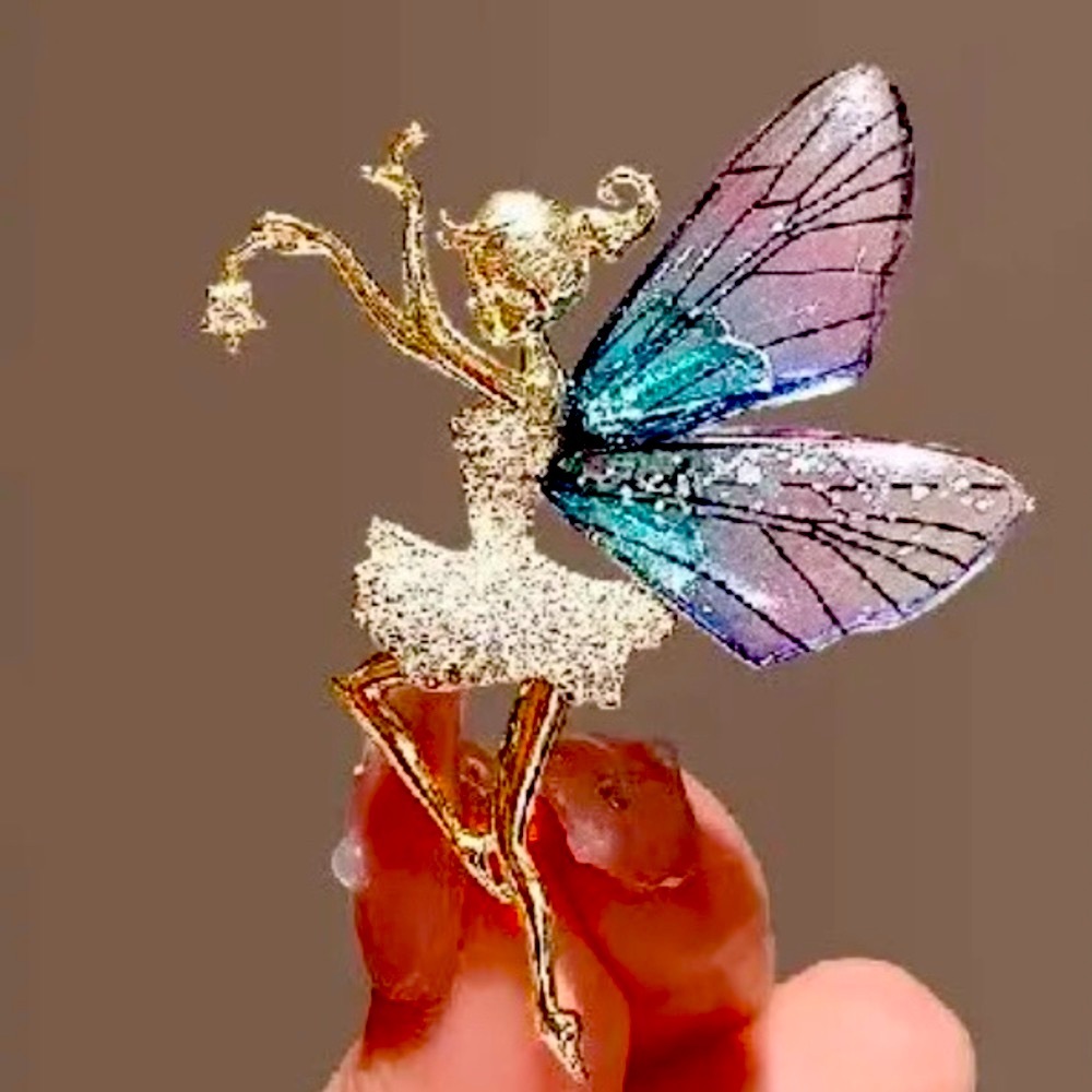 Dancing Fairy With Star Brooch Clear Crystal, Bluish Purple Wings, & Silver